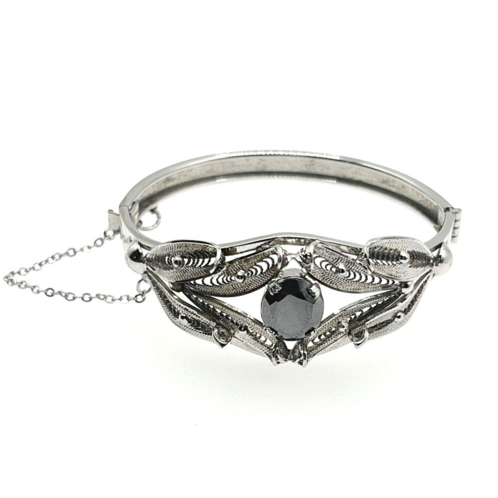 Sorrento Sterling Silver Hematite Filigree Hinged Bangle Bracelet 7”